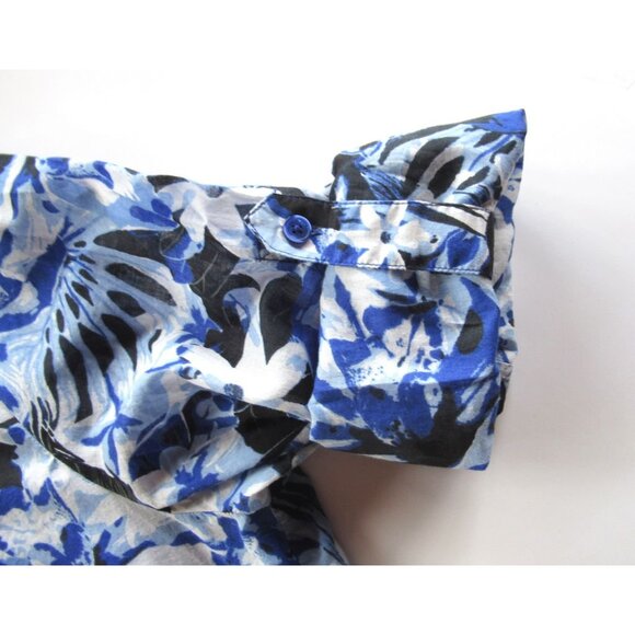Jones NY Women Shirt/Blouse Floral Blue/White Roll-up Sleeve Pintucks Cotton XL - Picture 10 of 16